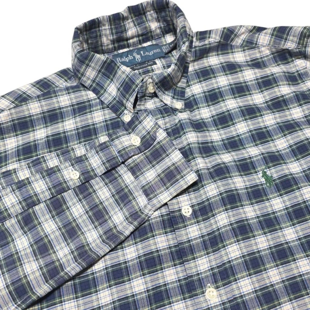 Ralph Lauren Button Down Shirt Mens Medium Blue Plaid Custom‎ Fit Long Sleeve